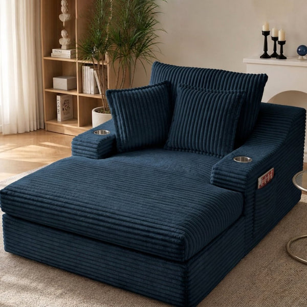 English Elm Oversized Faux Fur Chaise Lounge with Cup Holders Storage Pockets and Three Pillows Blue W5385P512355