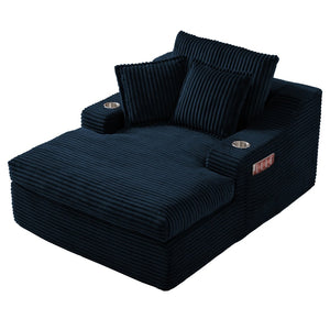 English Elm Oversized Faux Fur Chaise Lounge with Cup Holders Storage Pockets and Three Pillows Blue W5385P512355