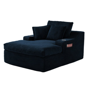 English Elm Oversized Faux Fur Chaise Lounge with Cup Holders Storage Pockets and Three Pillows Blue W5385P512355
