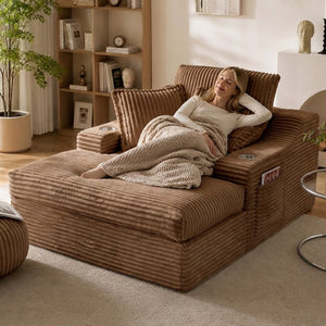 English Elm Oversized Plush Faux Fur Chaise Lounge with Cup Holders Pillows and Storage Pockets W5385P512356