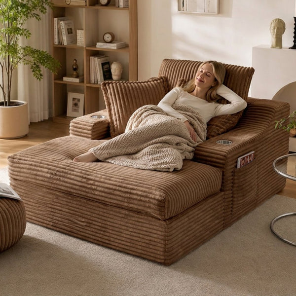 English Elm Oversized Plush Faux Fur Chaise Lounge with Cup Holders Pillows and Storage Pockets W5385P512356