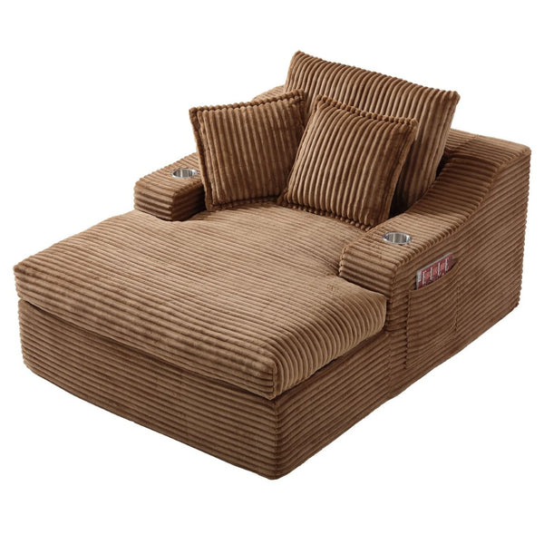 English Elm Oversized Plush Faux Fur Chaise Lounge with Cup Holders Pillows and Storage Pockets W5385P512356