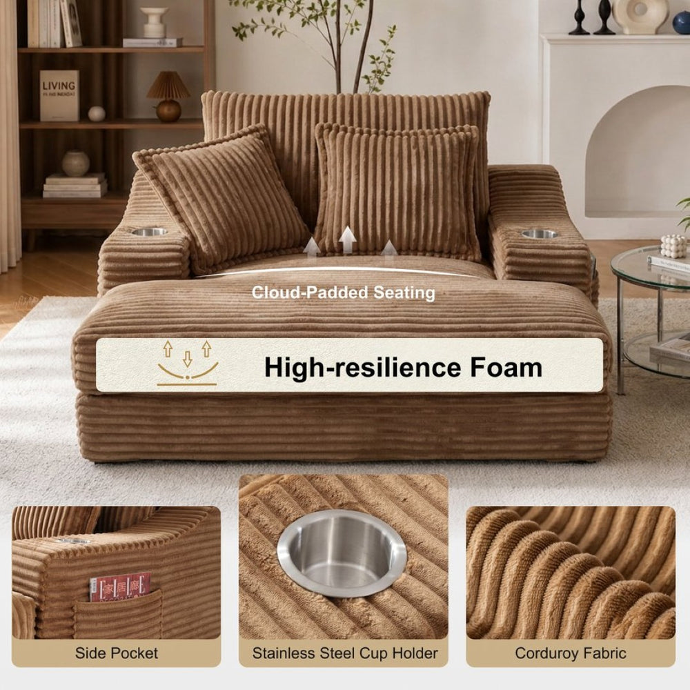 English Elm Oversized Plush Faux Fur Chaise Lounge with Cup Holders Pillows and Storage Pockets W5385P512356