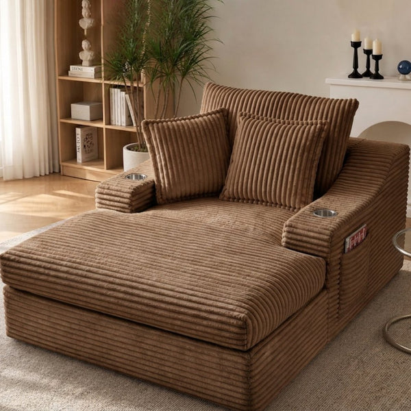 English Elm Oversized Plush Faux Fur Chaise Lounge with Cup Holders Pillows and Storage Pockets W5385P512356