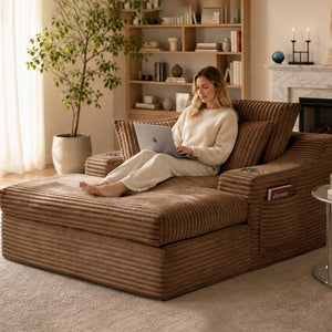 English Elm Oversized Plush Faux Fur Chaise Lounge with Cup Holders Pillows and Storage Pockets W5385P512356