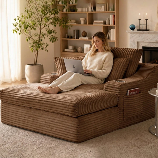 English Elm Oversized Plush Faux Fur Chaise Lounge with Cup Holders Pillows and Storage Pockets W5385P512356