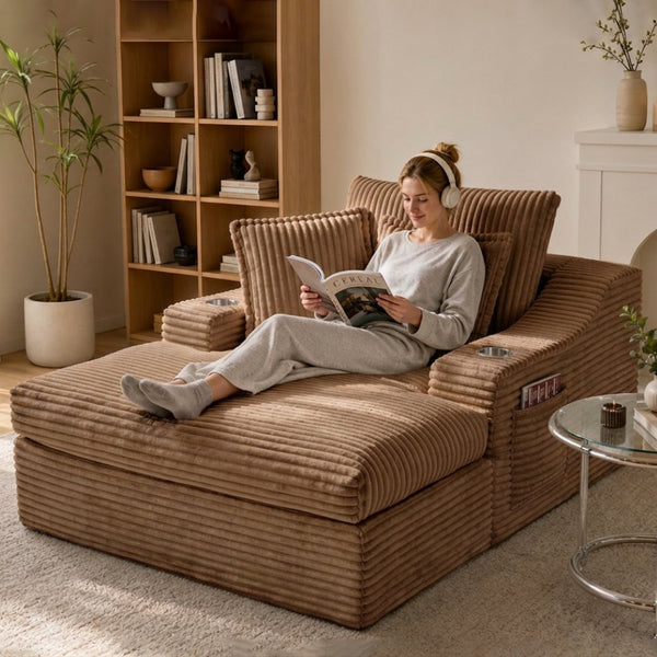 English Elm Oversized Plush Faux Fur Chaise Lounge with Cup Holders Pillows and Storage Pockets W5385P512356
