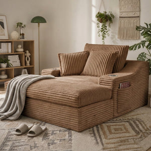 English Elm Oversized Plush Faux Fur Chaise Lounge with Cup Holders Pillows and Storage Pockets W5385P512356