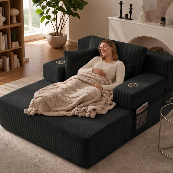 English Elm Luxurious Corduroy Convertible Chaise Lounge Sofa Bed with Storage Pocket for Small Spaces Black W5385P513913
