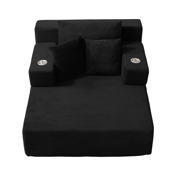 English Elm Luxurious Corduroy Convertible Chaise Lounge Sofa Bed with Storage Pocket for Small Spaces Black W5385P513913