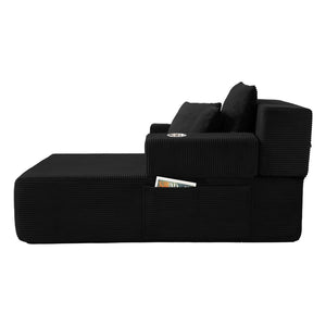 English Elm Luxurious Corduroy Convertible Chaise Lounge Sofa Bed with Storage Pocket for Small Spaces Black W5385P513913