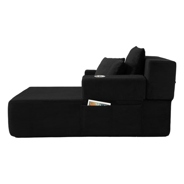 English Elm Luxurious Corduroy Convertible Chaise Lounge Sofa Bed with Storage Pocket for Small Spaces Black W5385P513913