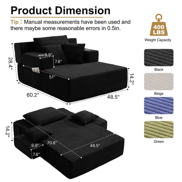 English Elm Luxurious Corduroy Convertible Chaise Lounge Sofa Bed with Storage Pocket for Small Spaces Black W5385P513913
