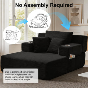 English Elm Luxurious Corduroy Convertible Chaise Lounge Sofa Bed with Storage Pocket for Small Spaces Black W5385P513913