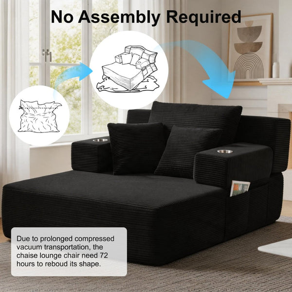 English Elm Luxurious Corduroy Convertible Chaise Lounge Sofa Bed with Storage Pocket for Small Spaces Black W5385P513913