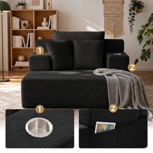 English Elm Luxurious Corduroy Convertible Chaise Lounge Sofa Bed with Storage Pocket for Small Spaces Black W5385P513913