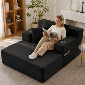 English Elm Luxurious Corduroy Convertible Chaise Lounge Sofa Bed with Storage Pocket for Small Spaces Black W5385P513913