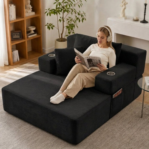 English Elm Luxurious Corduroy Convertible Chaise Lounge Sofa Bed with Storage Pocket for Small Spaces Black W5385P513913