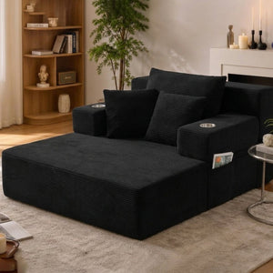 English Elm Luxurious Corduroy Convertible Chaise Lounge Sofa Bed with Storage Pocket for Small Spaces Black W5385P513913
