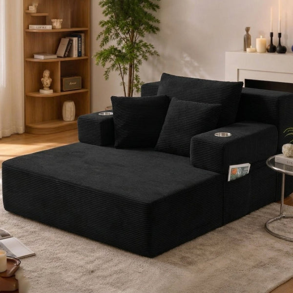 English Elm Luxurious Corduroy Convertible Chaise Lounge Sofa Bed with Storage Pocket for Small Spaces Black W5385P513913