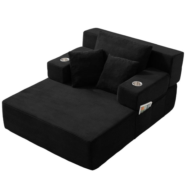 English Elm Luxurious Corduroy Convertible Chaise Lounge Sofa Bed with Storage Pocket for Small Spaces Black W5385P513913