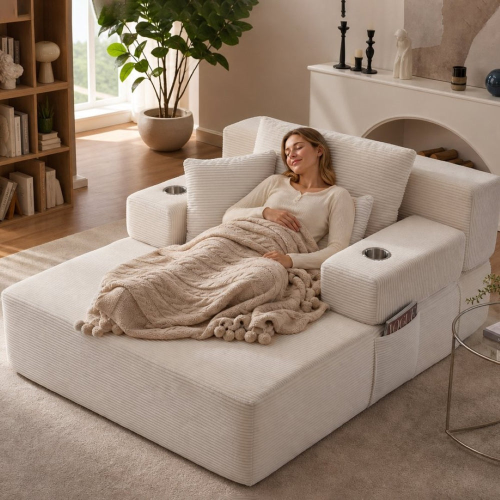 English Elm Luxurious Corduroy Convertible Chaise Lounge Sofa Bed with Storage Pocket for Small Spaces White W5385P513914