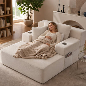 English Elm Luxurious Corduroy Convertible Chaise Lounge Sofa Bed with Storage Pocket for Small Spaces White W5385P513914