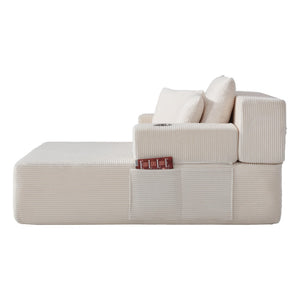 English Elm Luxurious Corduroy Convertible Chaise Lounge Sofa Bed with Storage Pocket for Small Spaces White W5385P513914