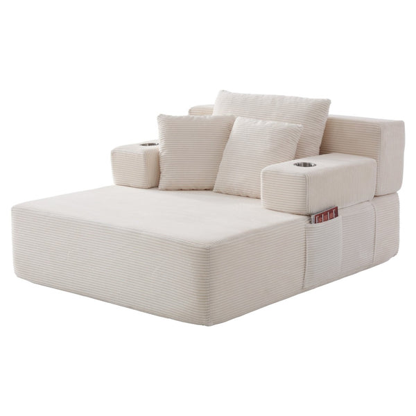 English Elm Luxurious Corduroy Convertible Chaise Lounge Sofa Bed with Storage Pocket for Small Spaces White W5385P513914