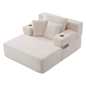 English Elm Luxurious Corduroy Convertible Chaise Lounge Sofa Bed with Storage Pocket for Small Spaces White W5385P513914