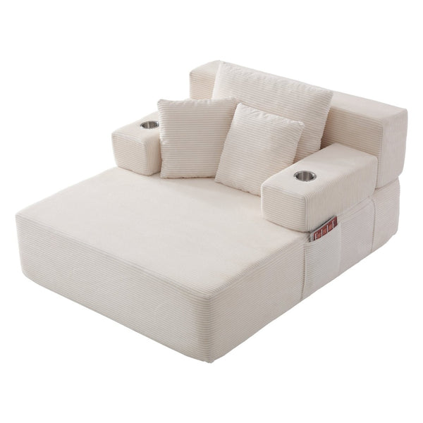 English Elm Luxurious Corduroy Convertible Chaise Lounge Sofa Bed with Storage Pocket for Small Spaces White W5385P513914
