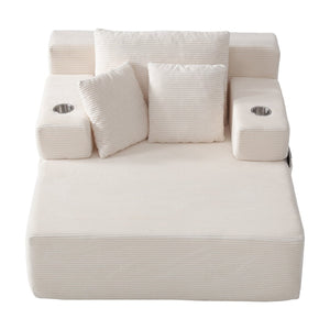 English Elm Luxurious Corduroy Convertible Chaise Lounge Sofa Bed with Storage Pocket for Small Spaces White W5385P513914