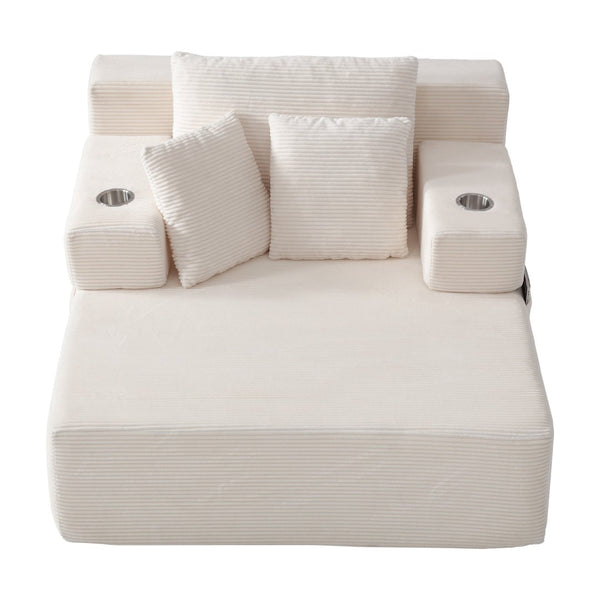 English Elm Luxurious Corduroy Convertible Chaise Lounge Sofa Bed with Storage Pocket for Small Spaces White W5385P513914