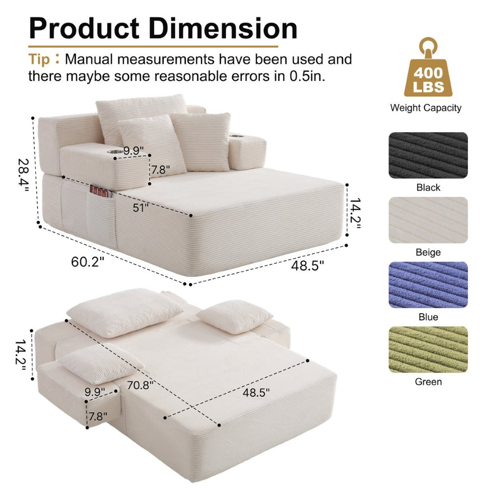 English Elm Luxurious Corduroy Convertible Chaise Lounge Sofa Bed with Storage Pocket for Small Spaces White W5385P513914