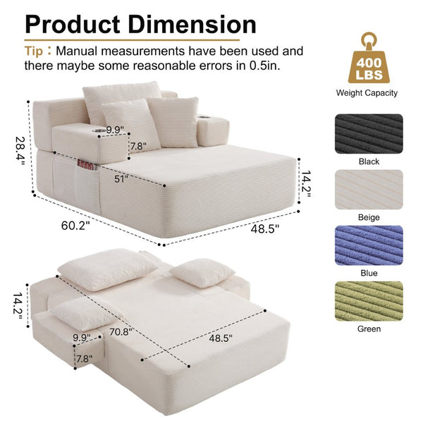 English Elm Luxurious Corduroy Convertible Chaise Lounge Sofa Bed with Storage Pocket for Small Spaces White W5385P513914