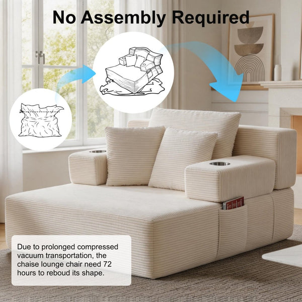 English Elm Luxurious Corduroy Convertible Chaise Lounge Sofa Bed with Storage Pocket for Small Spaces White W5385P513914