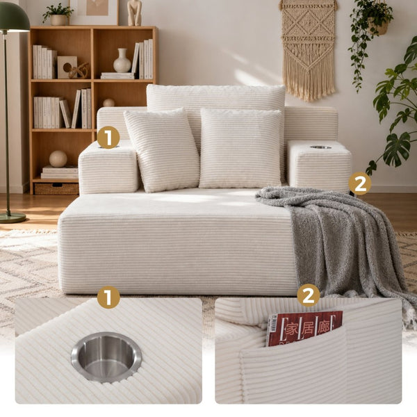 English Elm Luxurious Corduroy Convertible Chaise Lounge Sofa Bed with Storage Pocket for Small Spaces White W5385P513914