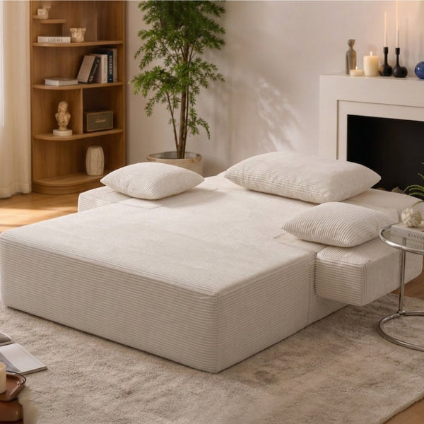 English Elm Luxurious Corduroy Convertible Chaise Lounge Sofa Bed with Storage Pocket for Small Spaces White W5385P513914