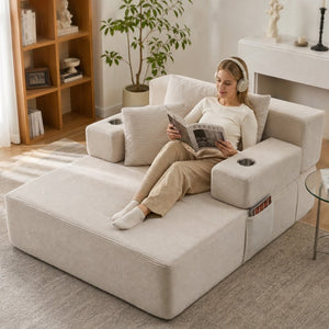 English Elm Luxurious Corduroy Convertible Chaise Lounge Sofa Bed with Storage Pocket for Small Spaces White W5385P513914