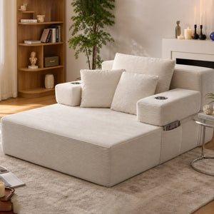 English Elm Luxurious Corduroy Convertible Chaise Lounge Sofa Bed with Storage Pocket for Small Spaces White W5385P513914