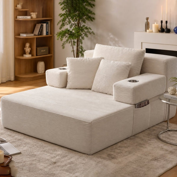 English Elm Luxurious Corduroy Convertible Chaise Lounge Sofa Bed with Storage Pocket for Small Spaces White W5385P513914