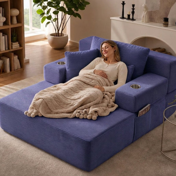 English Elm Luxurious Corduroy Convertible Chaise Lounge Sofa Bed with Storage Pocket for Small Spaces Blue W5385P513915