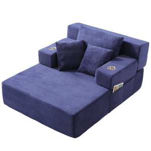 English Elm Luxurious Corduroy Convertible Chaise Lounge Sofa Bed with Storage Pocket for Small Spaces Blue W5385P513915