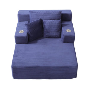English Elm Luxurious Corduroy Convertible Chaise Lounge Sofa Bed with Storage Pocket for Small Spaces Blue W5385P513915