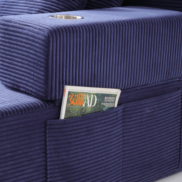 English Elm Luxurious Corduroy Convertible Chaise Lounge Sofa Bed with Storage Pocket for Small Spaces Blue W5385P513915