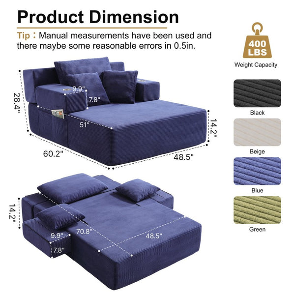 English Elm Luxurious Corduroy Convertible Chaise Lounge Sofa Bed with Storage Pocket for Small Spaces Blue W5385P513915
