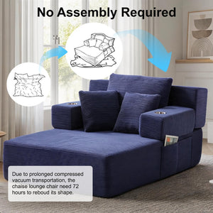 English Elm Luxurious Corduroy Convertible Chaise Lounge Sofa Bed with Storage Pocket for Small Spaces Blue W5385P513915