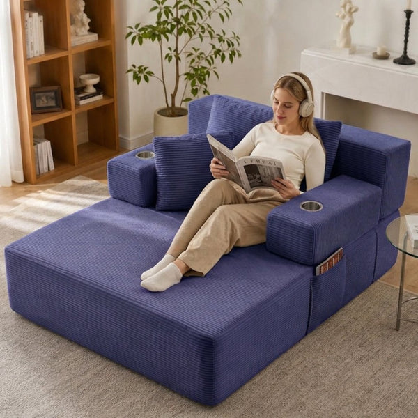 English Elm Luxurious Corduroy Convertible Chaise Lounge Sofa Bed with Storage Pocket for Small Spaces Blue W5385P513915