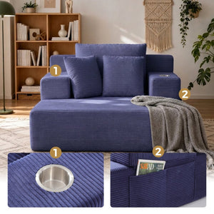 English Elm Luxurious Corduroy Convertible Chaise Lounge Sofa Bed with Storage Pocket for Small Spaces Blue W5385P513915