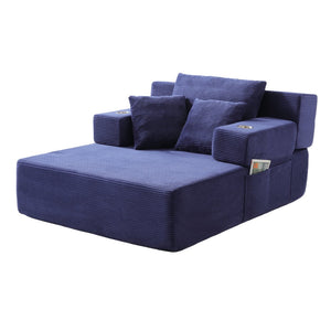 English Elm Luxurious Corduroy Convertible Chaise Lounge Sofa Bed with Storage Pocket for Small Spaces Blue W5385P513915